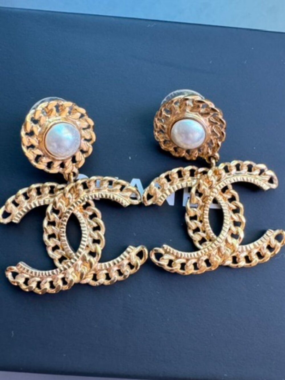 Chanel REV Braided Chain Gold Pearl Dangle Earrings New in Box